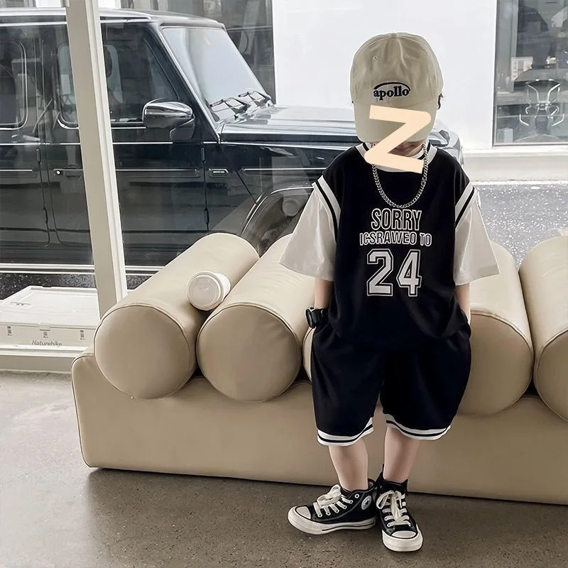 Boys Basketball Uniform Set Summer Loose Sporty Two-Piece Suit Casual Cotton Blend Comfortable Breathable Kids Clothing - 4