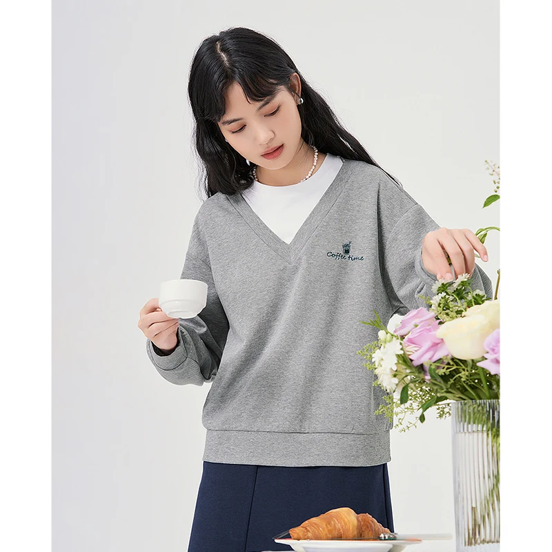 Toyouth Women Fake Two Piece Sweatshirts 2022 Autumn Long Sleeve O Neck Hoodies Stitching Embroidery Streetwear Pullover