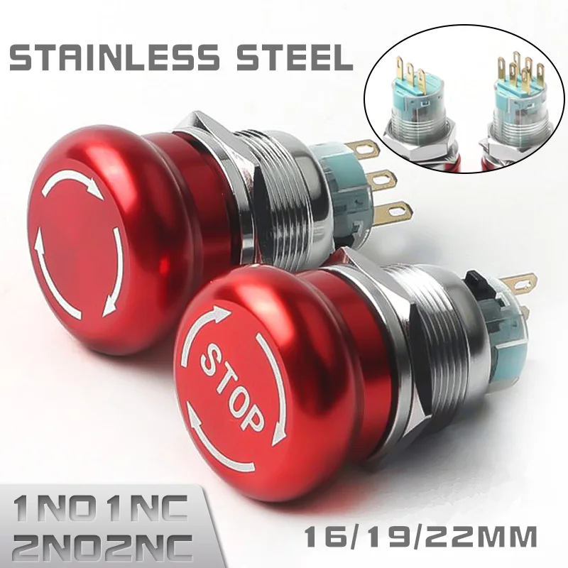 

16mm 19mm 22mm Stainless Steel Metal Emergency Stop Button Switch Waterproof Self-Locking 3Pins 6Pins Mushroom Head