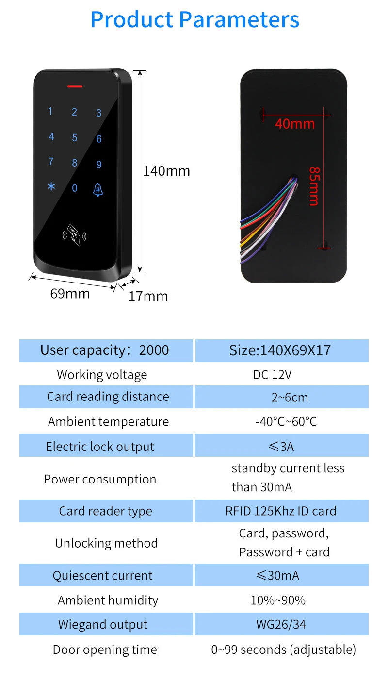 Access Control Digicode Keypad RFID 125KHz Keyboard Backlight Touch Door Opener