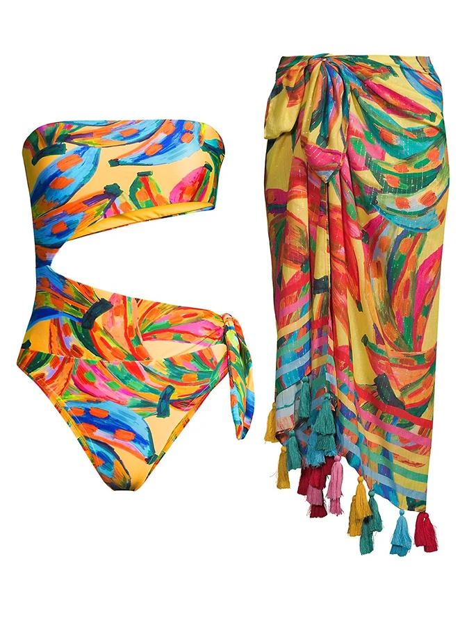 

New Arrival Sexy Push Up Women Hot Summer Swimwear Colorful Printed Cut Out Slimming One Piece Swimsuit and Cover Up
