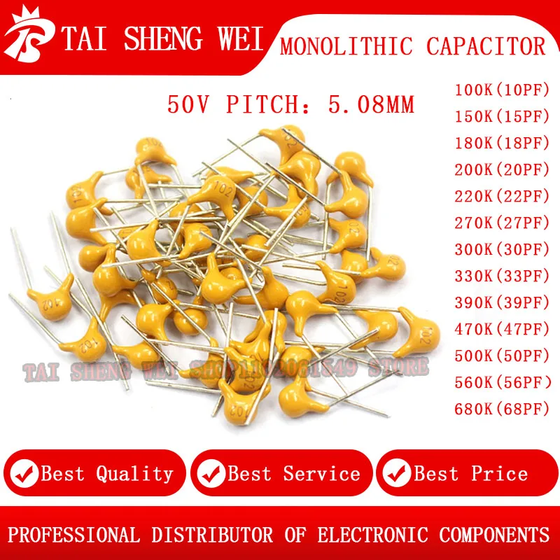 

50pcs 50V Monolithic capacitor 100 10PF 15PF 18PF 20PF 22PF 27PF 30PF 33PF 39PF 47PF 50PF 56PF 68PF 150 180 200 220 270 300 470