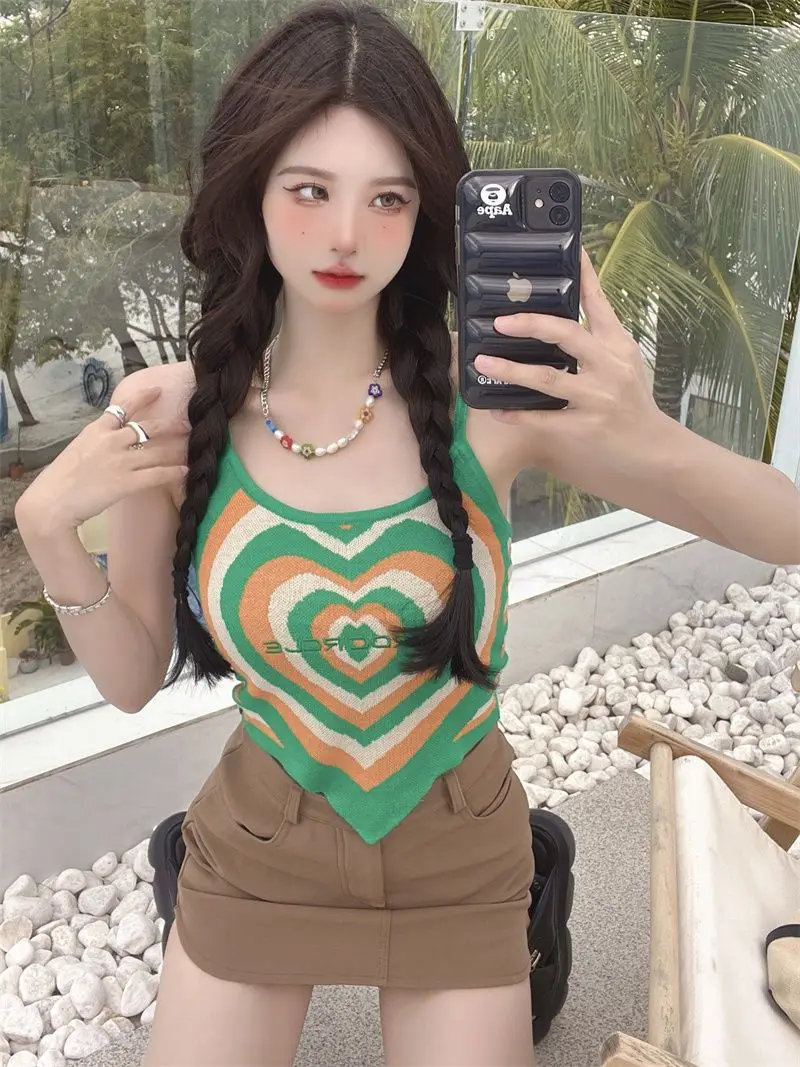 Top corto de punto con forma de corazón para mujer, camiseta sin mangas, camiseta sexy, top de tubo a la moda