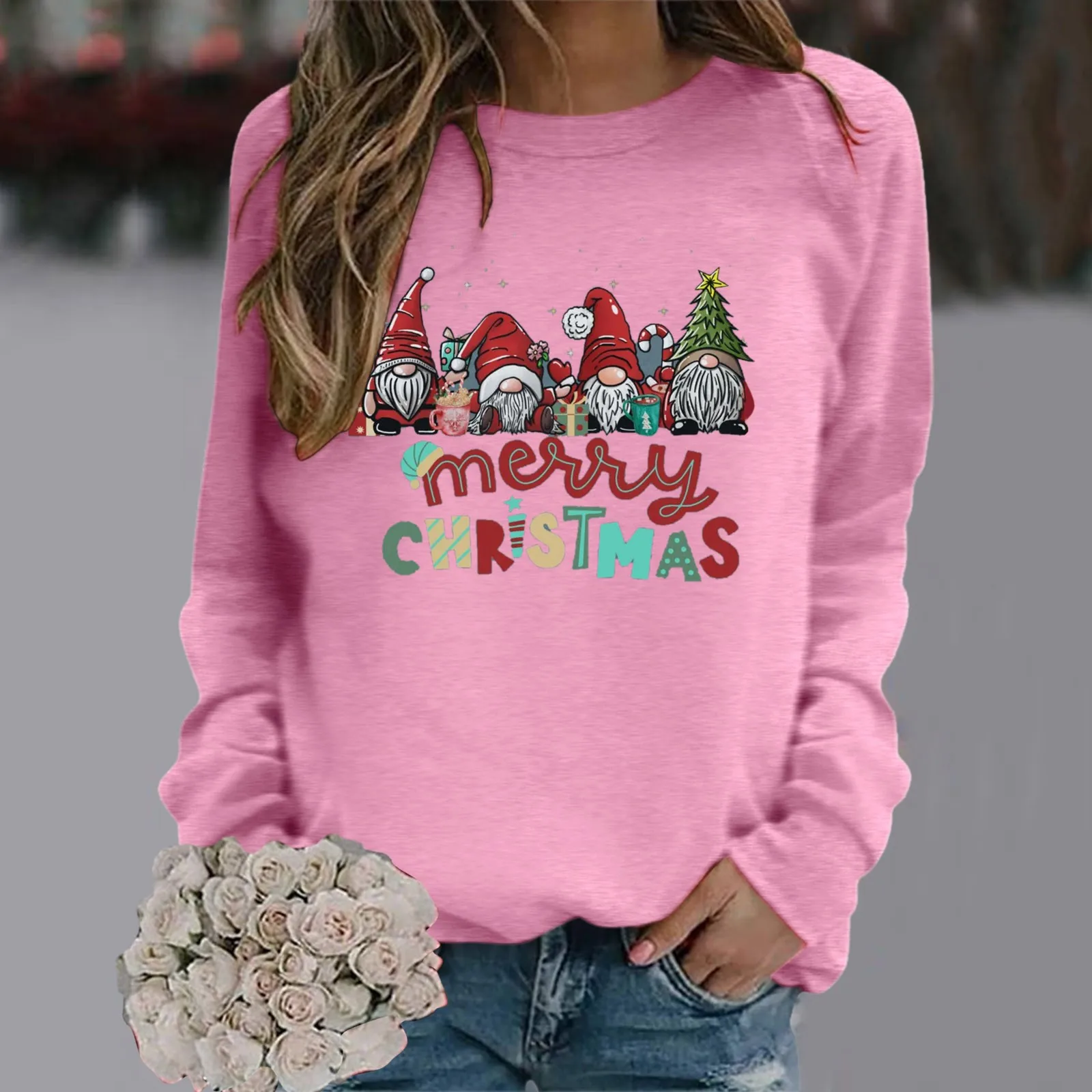

Distressed Sweatshirt Women Womens Merry Christmas Print O Neck Sweatshirt Round Neck Fit Pullover Tops Casual Tunics Christmas