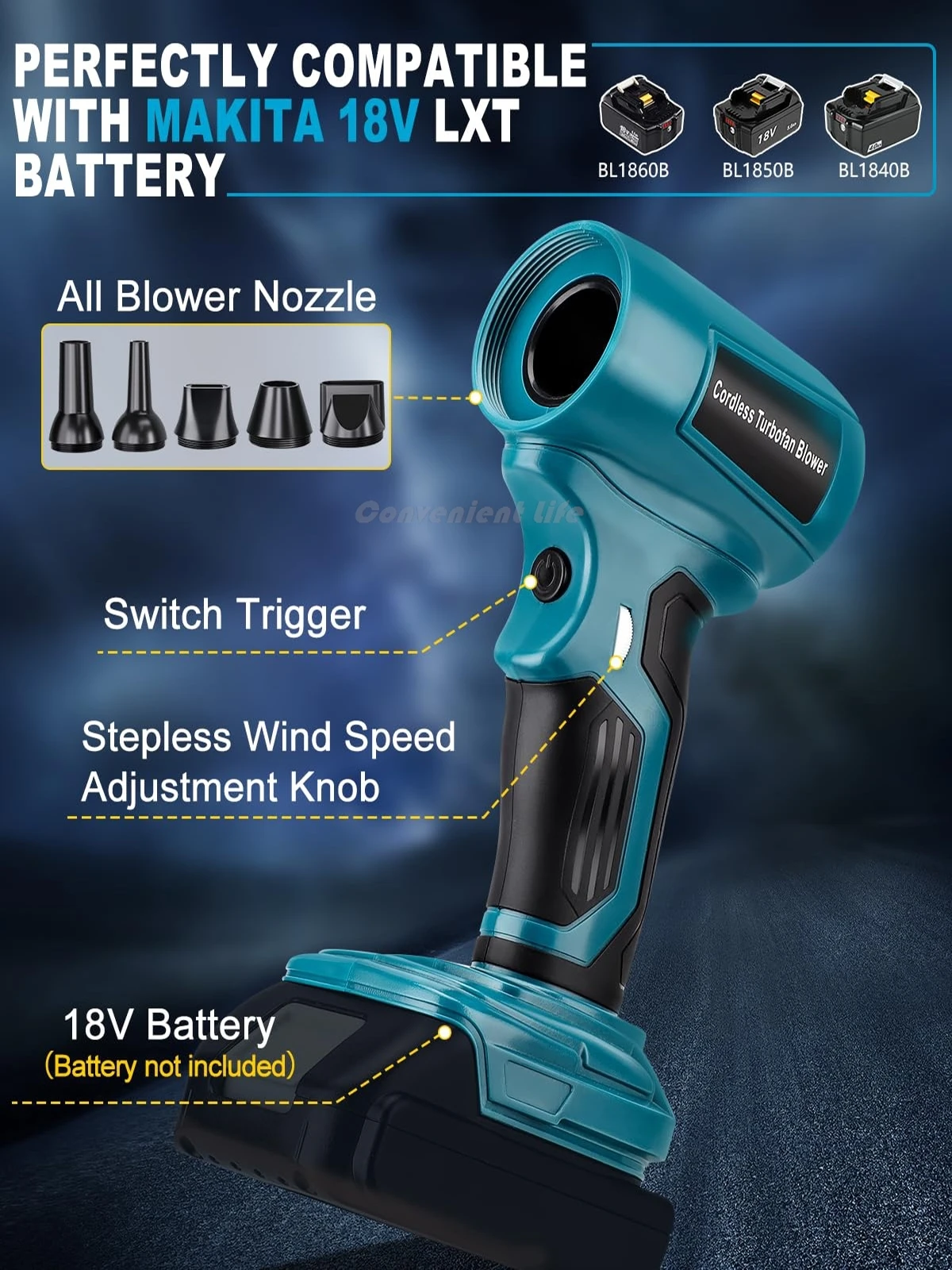 Cordless Leaf Blower for Makita 18V Battery 130000 RPM 425MPH High-Speed Brushle