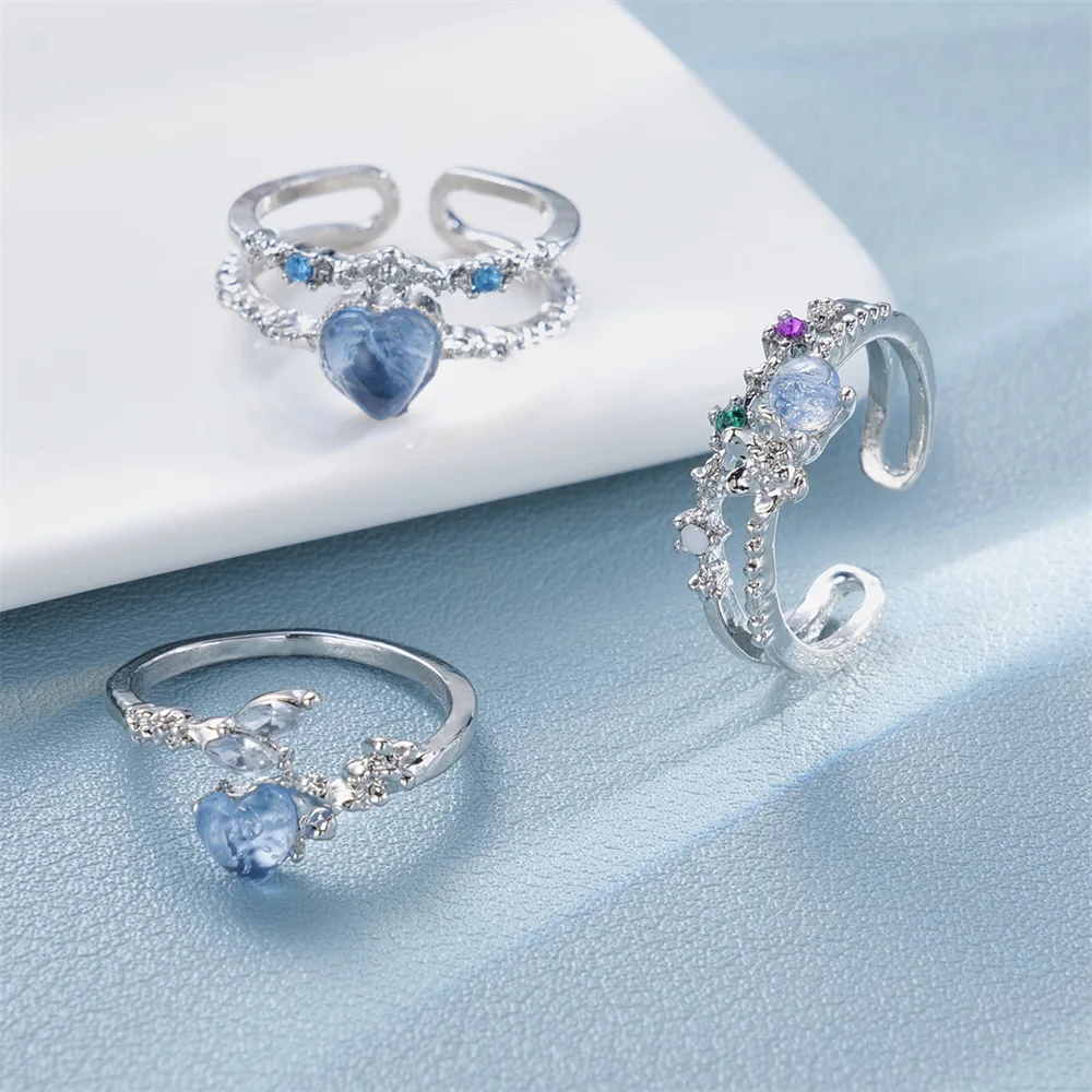 Set di anelli in argento Y2K in stile moda 2025, motivo a stelle e luna, stile retrò alla moda, adatto per donne e ragazze, feste, matrimoni_voghion.com