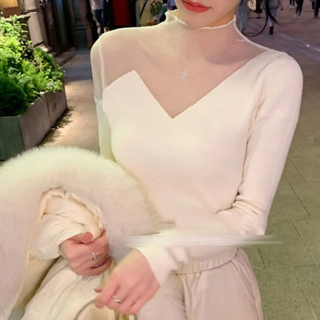 

Women Sweater Knitted Pullover 2024 Autumn Winter Slim Fit Irregular Perspective Mesh Collar Knit Jumper Tops A67