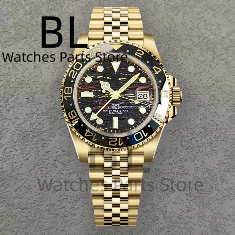 BLIGER Top Brand Luxury 40MM Full Gold Automatic Watch Sapphire Glass Waterproof Tiger-Eye Pattern Doulbe End Link Braclelet
