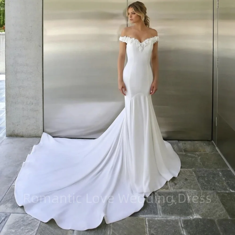 

Graceful Sweetheart Off Shoulder Wedding Dress Mermaid Appliques Sequined Backless Satin Sweep Train Simple Bride Gown Robe