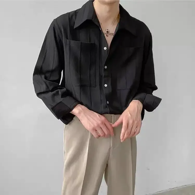 thumbnail image 1 of Camisas para hombre a rayas con bolsillo Camisas sociales lisas para hombre Diseñador casual Ropa popular coreana Tops originales regulares Normal Xxl, 1 of 5