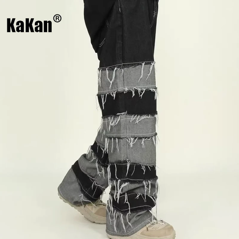 Kakan - European and American New Tassel Patchwork Jeans for Men, High Street Straight Black Gray Pants K27-B56