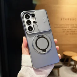Magnetic Ring Stand Phone Case with Slide Camera Lens Protection and Dual Material Design - Galaxy S26 Plus (GRAY)