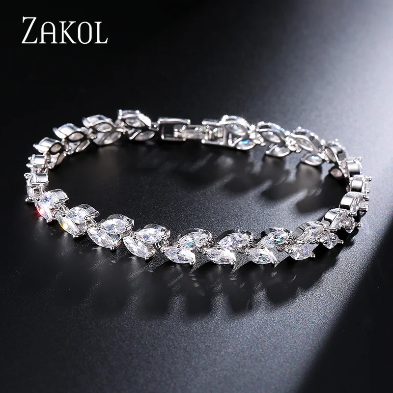 Bangle Bracelet for Women ZAKOL Fashion Leaf Shinny Marquise Cut Cubic Zirconia Bridal Wedding Party Jewelry BP061 zircon bracelet stone bracelet zirconia bangle