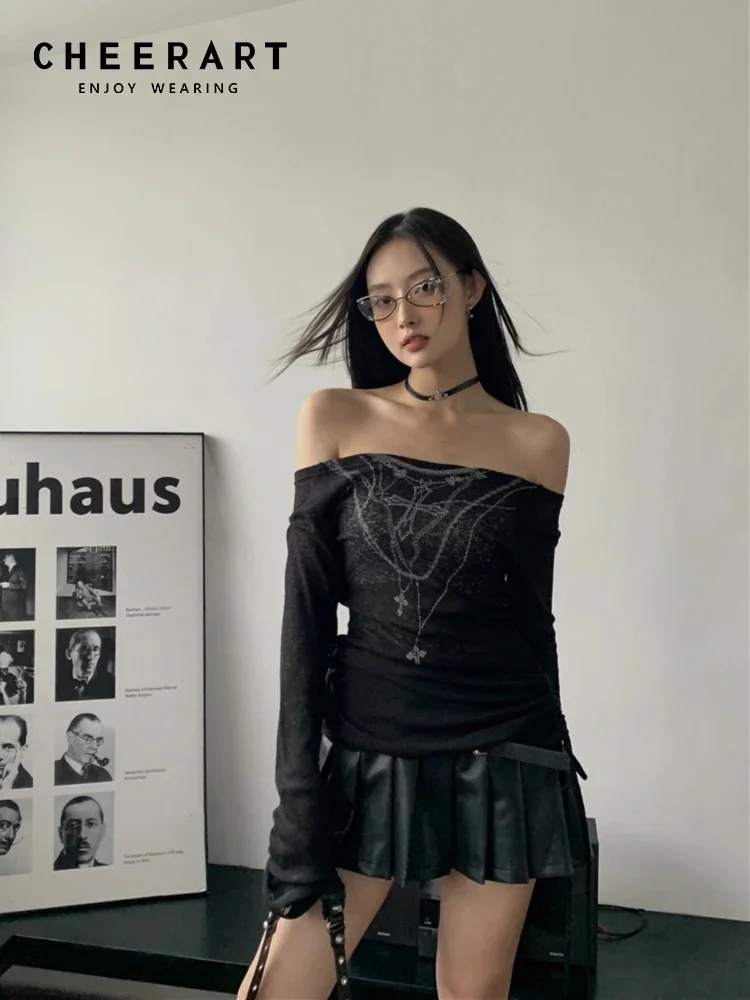 

CHEERART Y2k, модный осенний топ с открытыми плечами и длинным рукавом, черная футболка для женщин, Прозрачная женская одежда, осень 2023