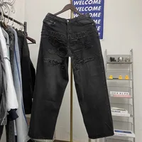 Y/project Retro Washed Distressed Embroidery Patch Logo Straight Loose Jeans Men Women High Quality Hip Hop Fitting Ripped Pants 1
