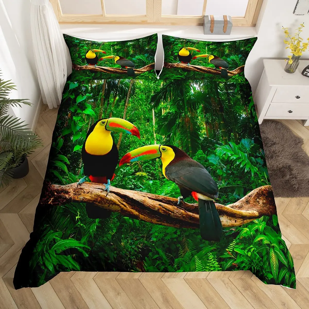 3D Toucan Duvet Cover Set Safari Animals Bedding Sets Tropical Jungle Birds Comforter Cover,Boys Girls Fresh Nature Quilt Cover