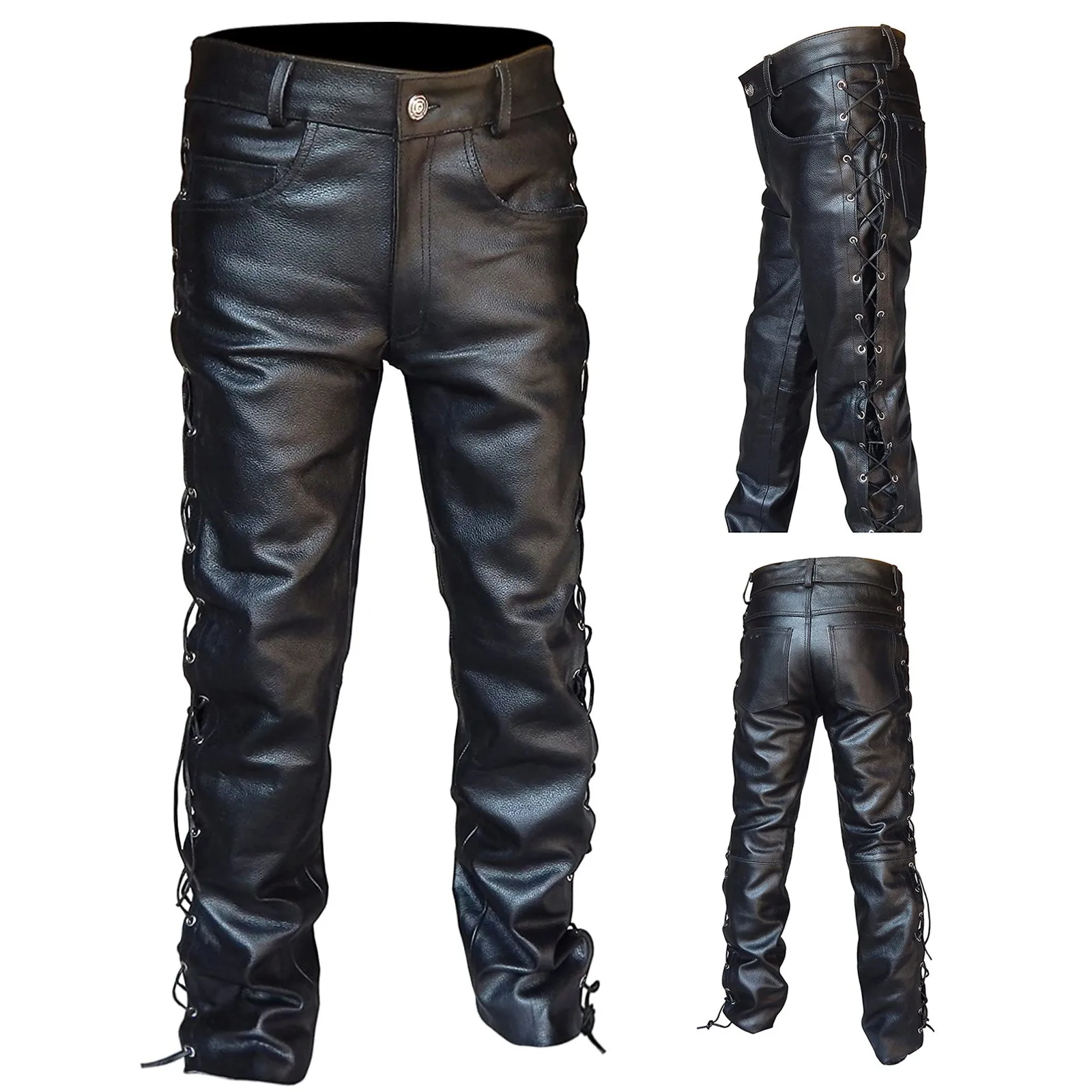 Spring And Autumn Casual Long Trousers Men's Retro Slim Fit PU Leather Pants Black Fashion Personality Lace Up Cargo Pants