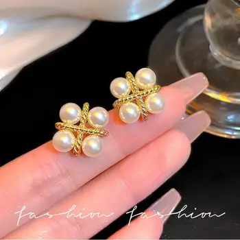 925 Silver Needle Korean Fashion Cross Pearl Earrings For Women Jewelry 2025 Trending New Luxury Women's Vintage Stud Earrings