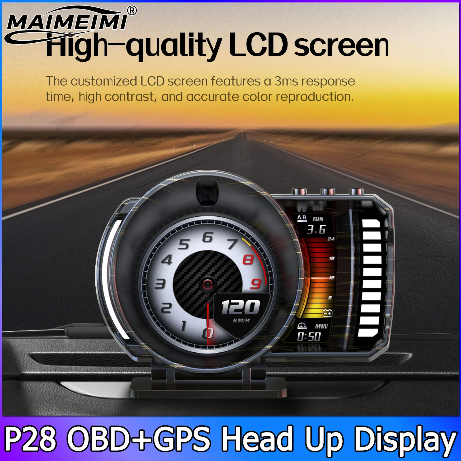 P28 수온 게이지 OBD+GPS HUD 헤드업 디스플레이 차량용 온보드 컴퓨터 디지털 RPM 전압 속도계 과속 경보