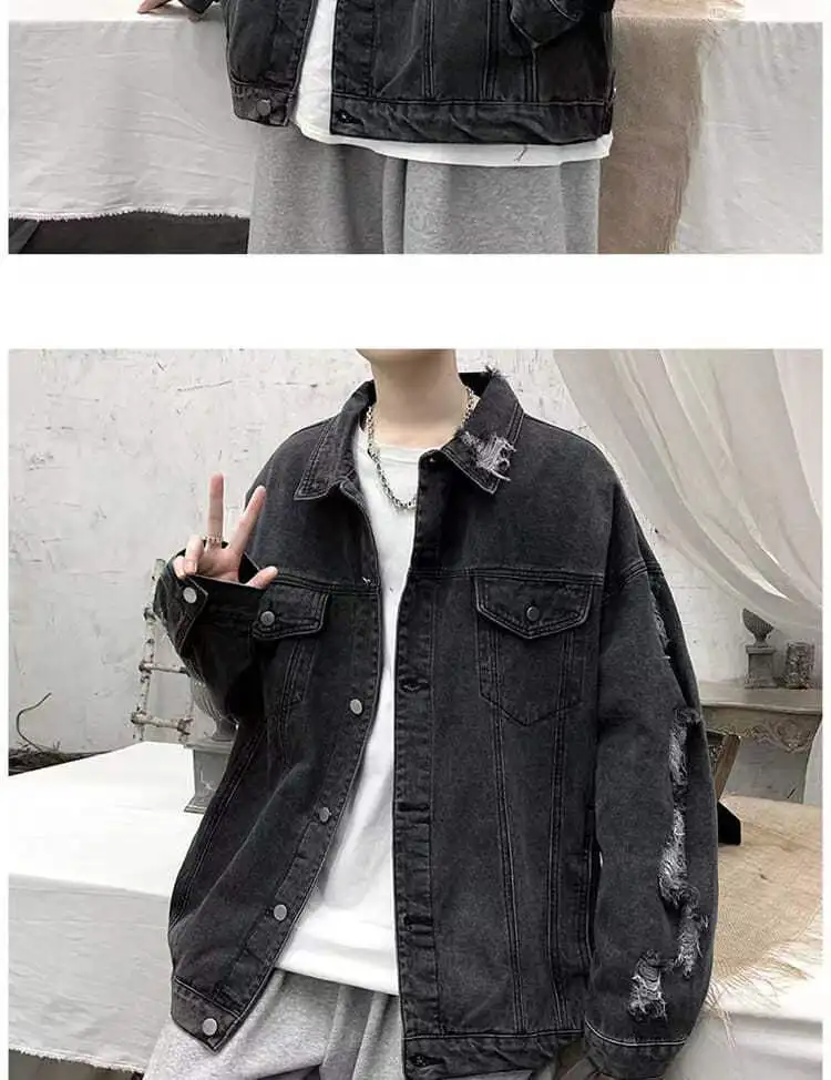 Spring Autumn Ripped Denim Jackets Men's Causal Loose Oversize Handsome High Street Overcoat Men Tops Male Clothes