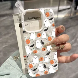 Spooky Ghosts & Pumpkin Halloween Phone Case - Festive Textured Bumper Cover - iPhone 15 Plus (White)