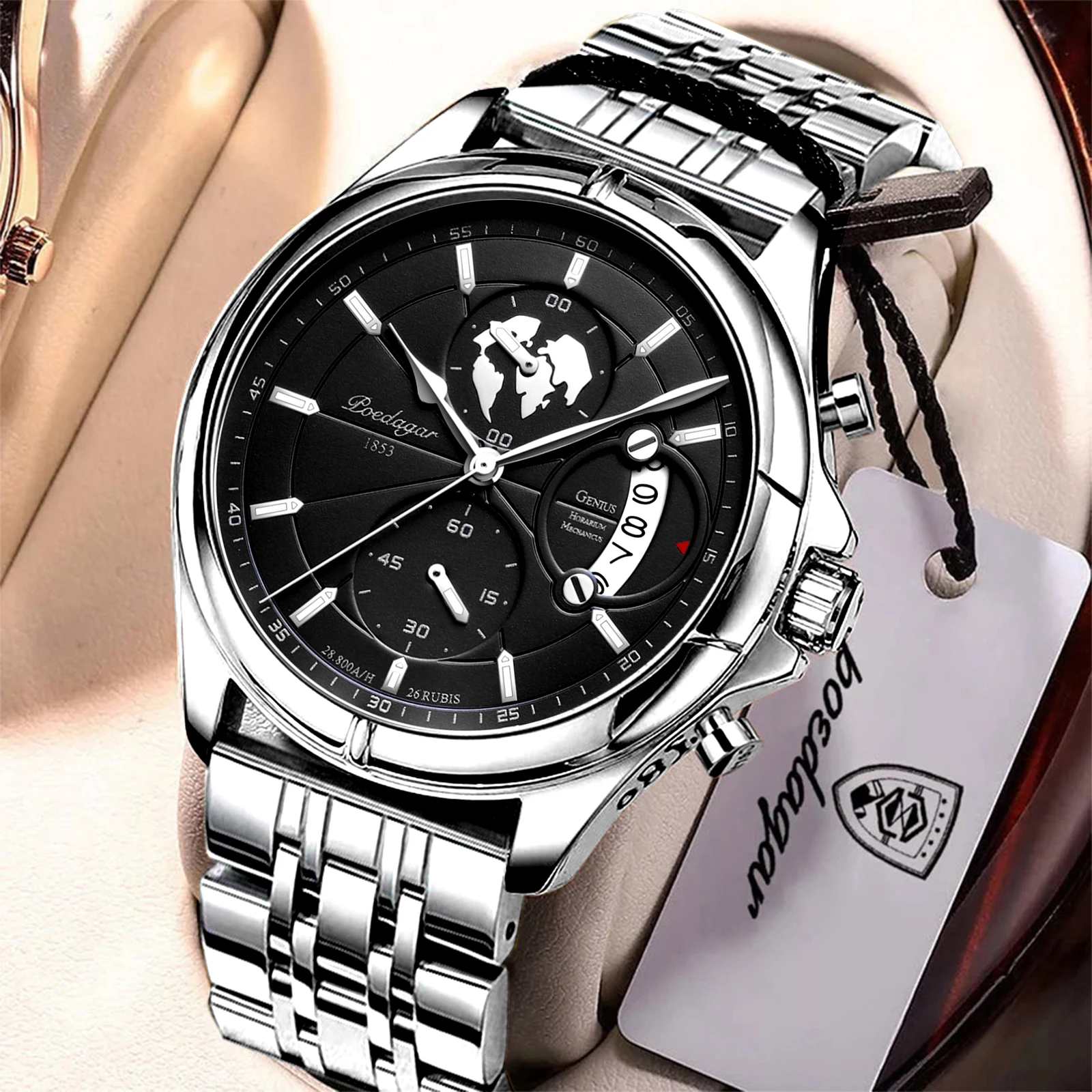 POEDAGAR orologi di lusso Sport Top Brand calendario milare orologio da uomo multifunzionale in acciaio inossidabile impermeabile per orologio da uomo + scatola  1511