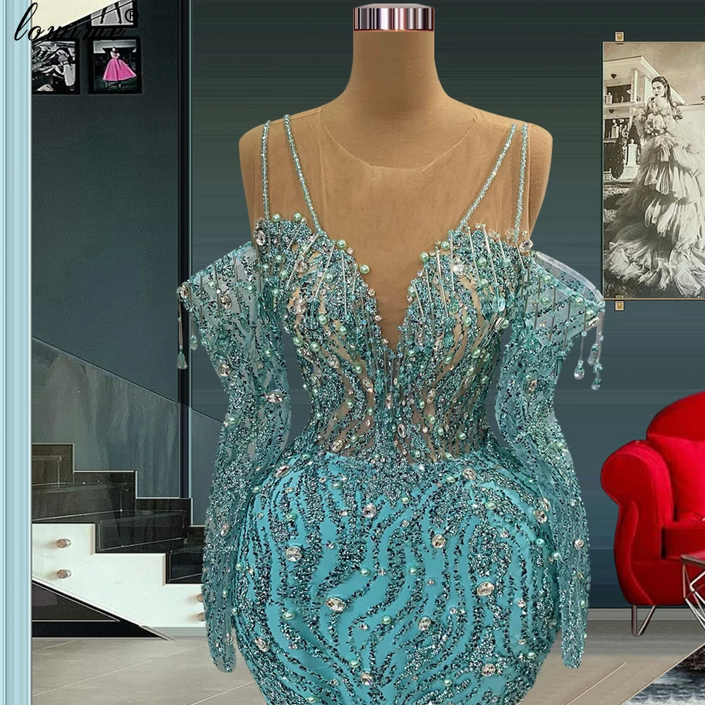 Sky Blue Mermaid Cocktail Dress Plus Size Off Shoulder Crystals Evening Gown With Pearls Turkish Couture