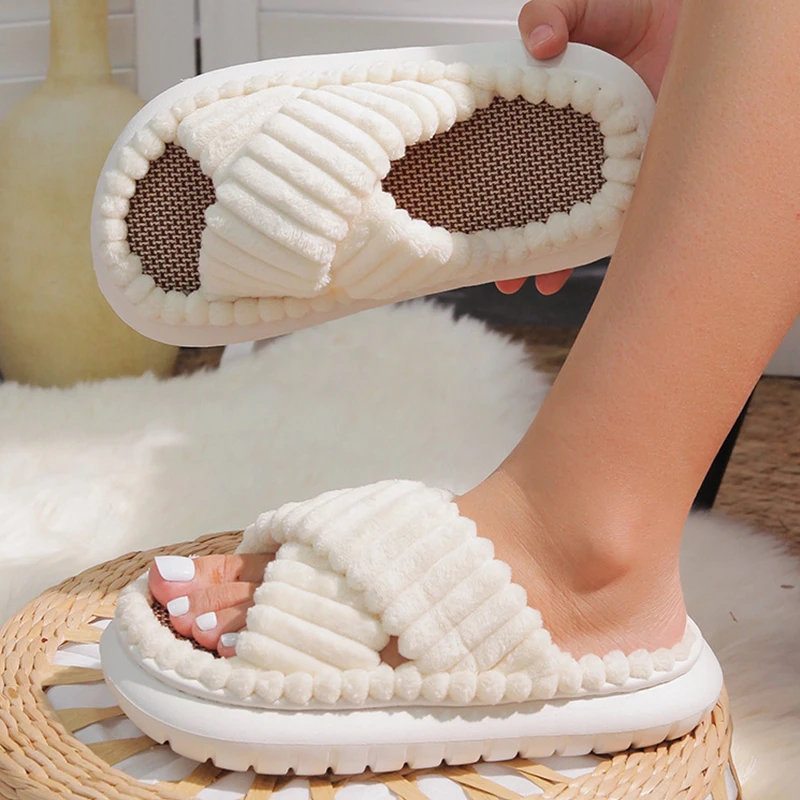 

Home Fur Cross Slippers Solid Color Lace Indoor Bedroom Plush Slippers Winter Warm Cotton Fur Home Warmth Anti-Slip Floor Shoes