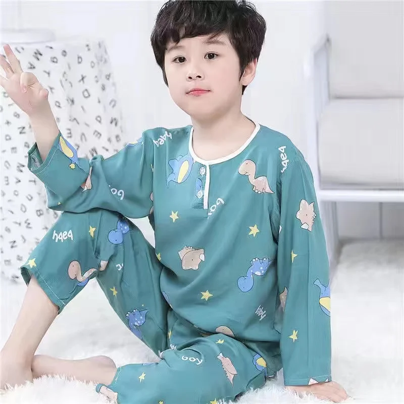 Summer Children's Cotton Silk pajamas Boys And Girls Home Clothes Baby Long-sleeved + Trousers Two-piece Kid's Brethable Suit cute pajama sets	