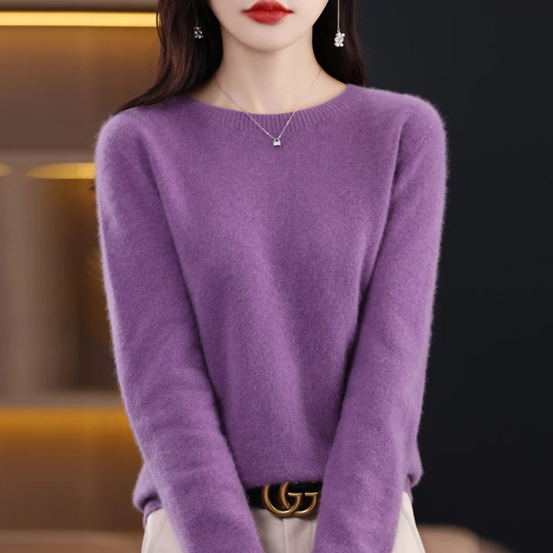 Women Sweater Pure Wool Casual Knitted Pullover Autumn Winter Soft Warm Long-Sleeved Basic Round Neck