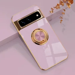 Luxury Plating Silicone Shockproof Phone Case with Metal Ring Magnetic Holder Stand for Pixel 9 (Purple)