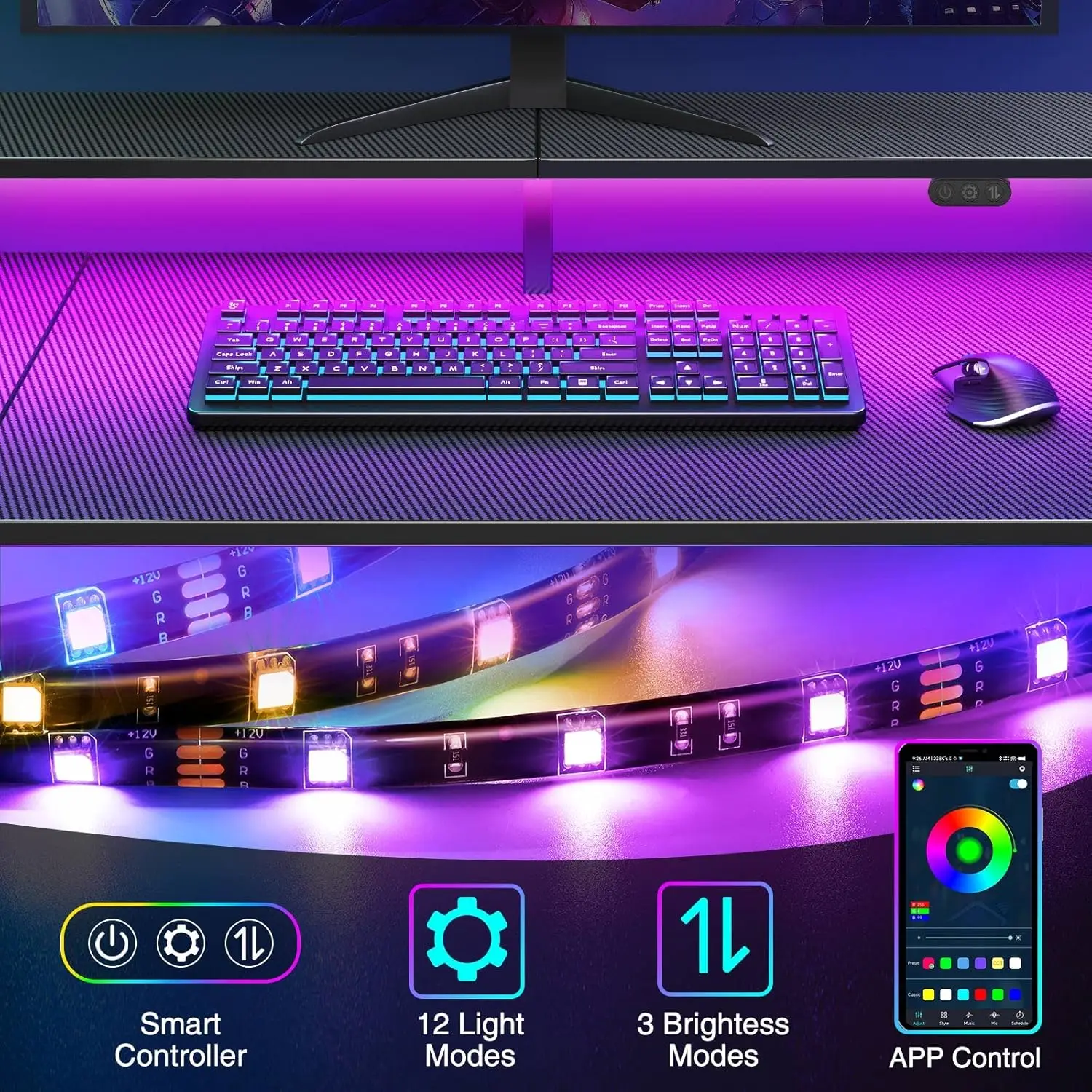 L Shaped Gaming Desk with LED Lights & Power Outlets, Computer Desk with Monitor Stand, Gaming Table , with Hooks, Black 5