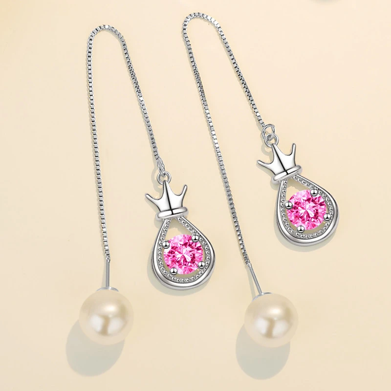 

Luxury Women Silver Color Ear Line Fashion All-match Pearl Ear Chain Water Drop Crown Earring For Women Jewelry Gift