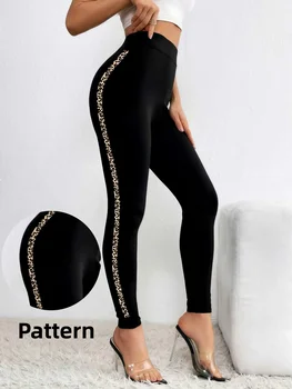 Women's Wild Side Leopard Rhinestone Sparkly Leggings High Waist Tight Elastic Trendy Knitted Leggings Casual Outdoor Wear 1