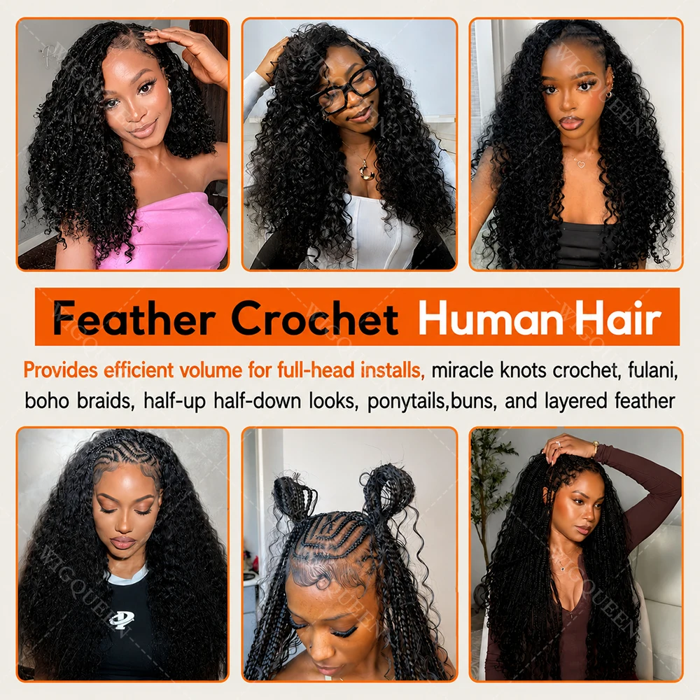 15A Small Spirals Curly Miracle Knots Feather Crochet Human Hair For Boho Braiding Invisible Knot PreSeparated Knotless Kinky Curly Crochet Human Hair Extensions Reusable Pre looped Natural Black Crochet Bundles With String Bulk 100% Human Hair Extensions 8