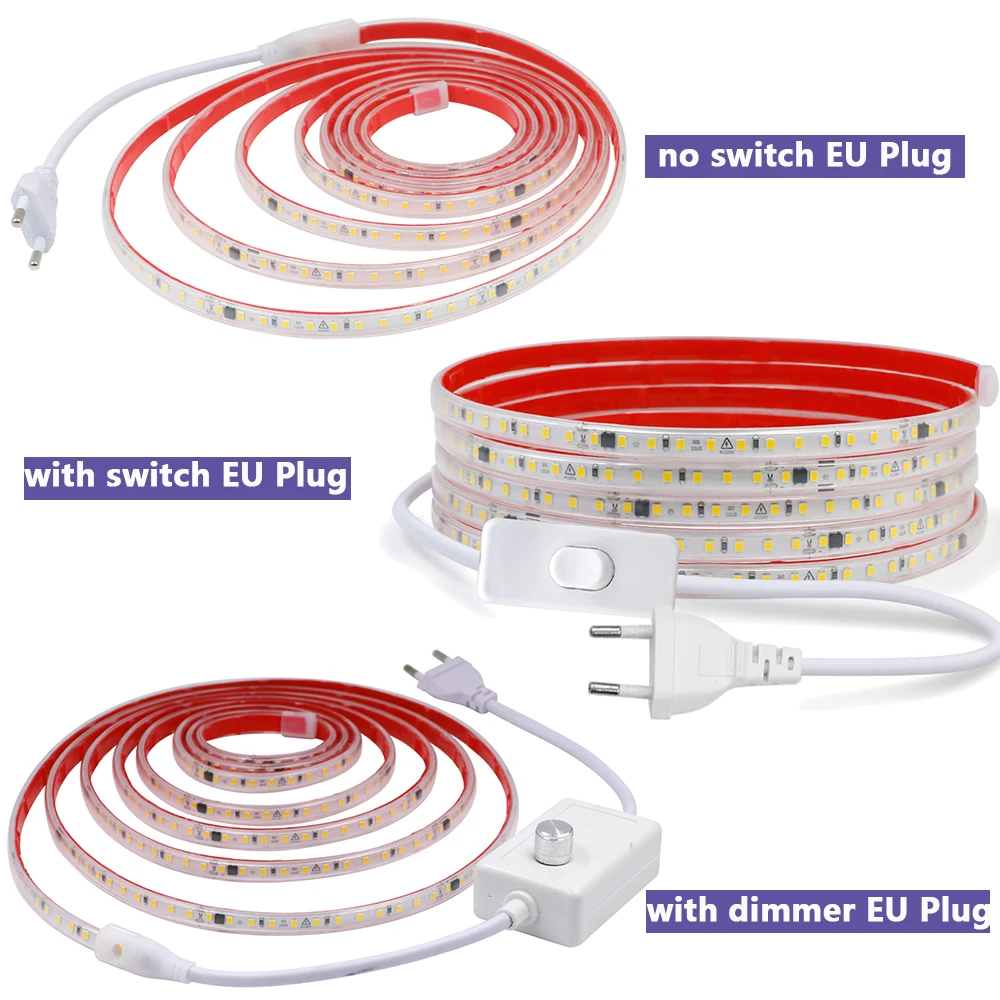 220V 디밍 가능 LED 스트립 라이트 10cm 절단형 디머 스위치 전원 키트 방수 접착 테이프 플렉스 120LEDs/M 리본형 따뜻한 자연광 백색