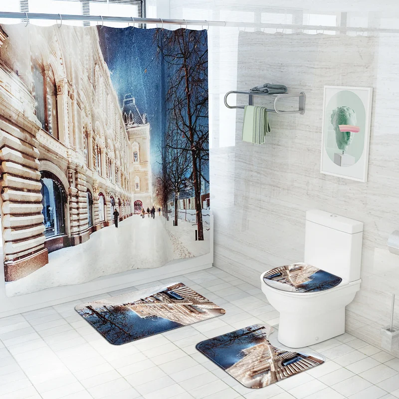 

Winter City Street Print Home Decor Bathroom Toilet Cover Sets Waterproof Shower Curtain Mats Carpet Rugs Suits