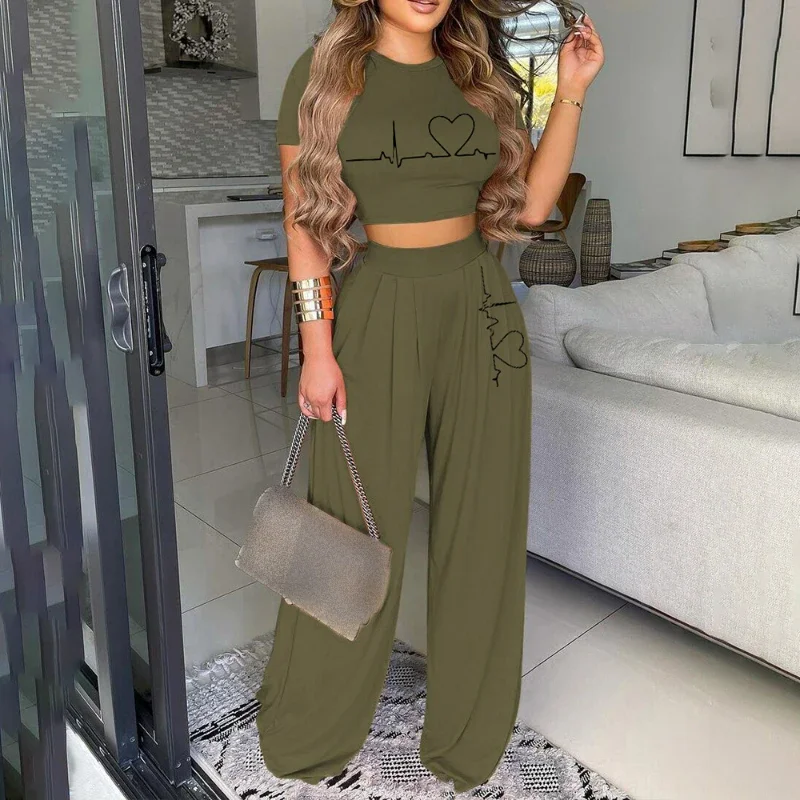 Spring Summer Women O Neck Heart Print Short Sleeve Sexy Crop Top Wide Leg Pants Set Two Piece Suit Holiday Beach Clothes Casual