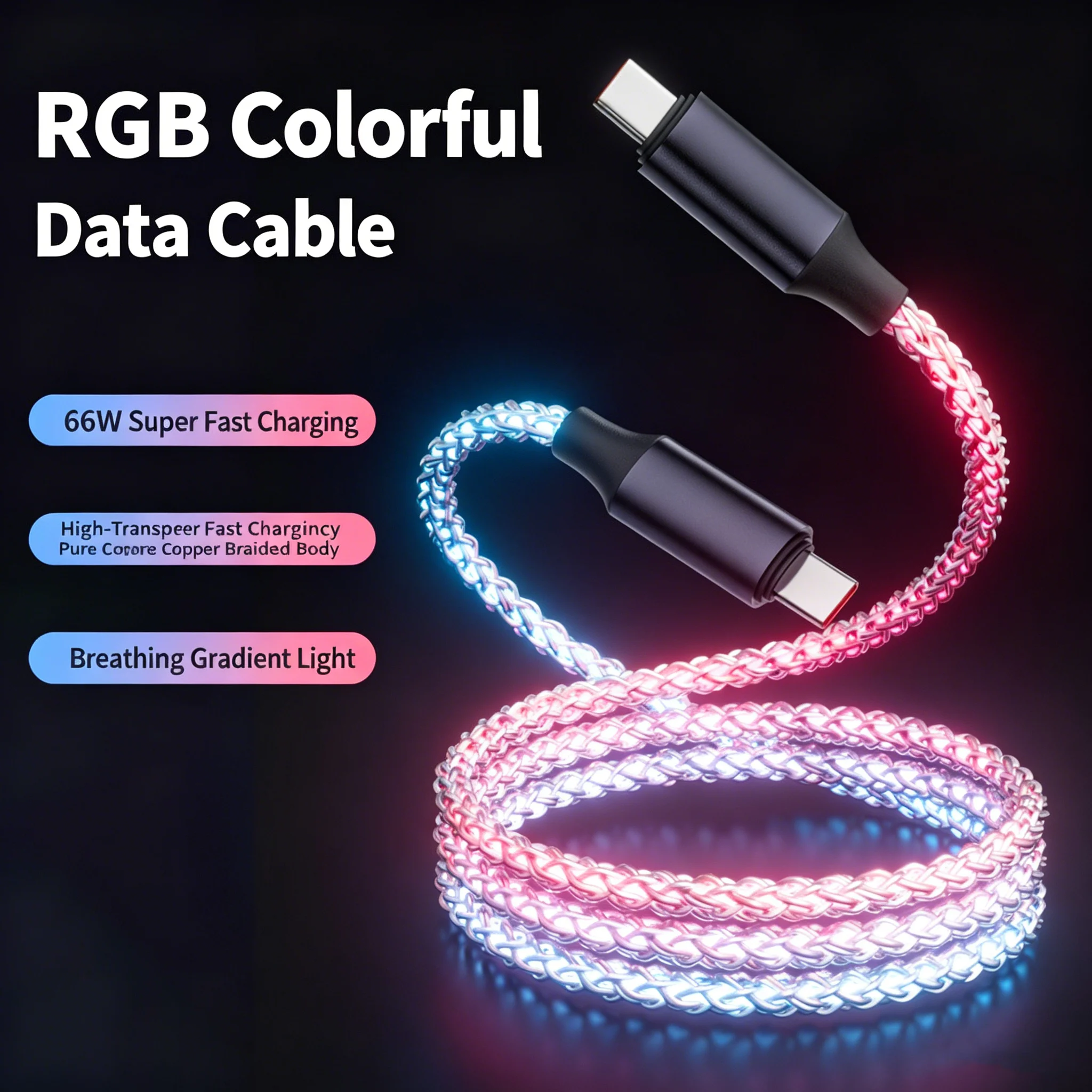 66W 플로잉 LED 발광 RGB USB C to Type C 충전 케이블, 아이폰..