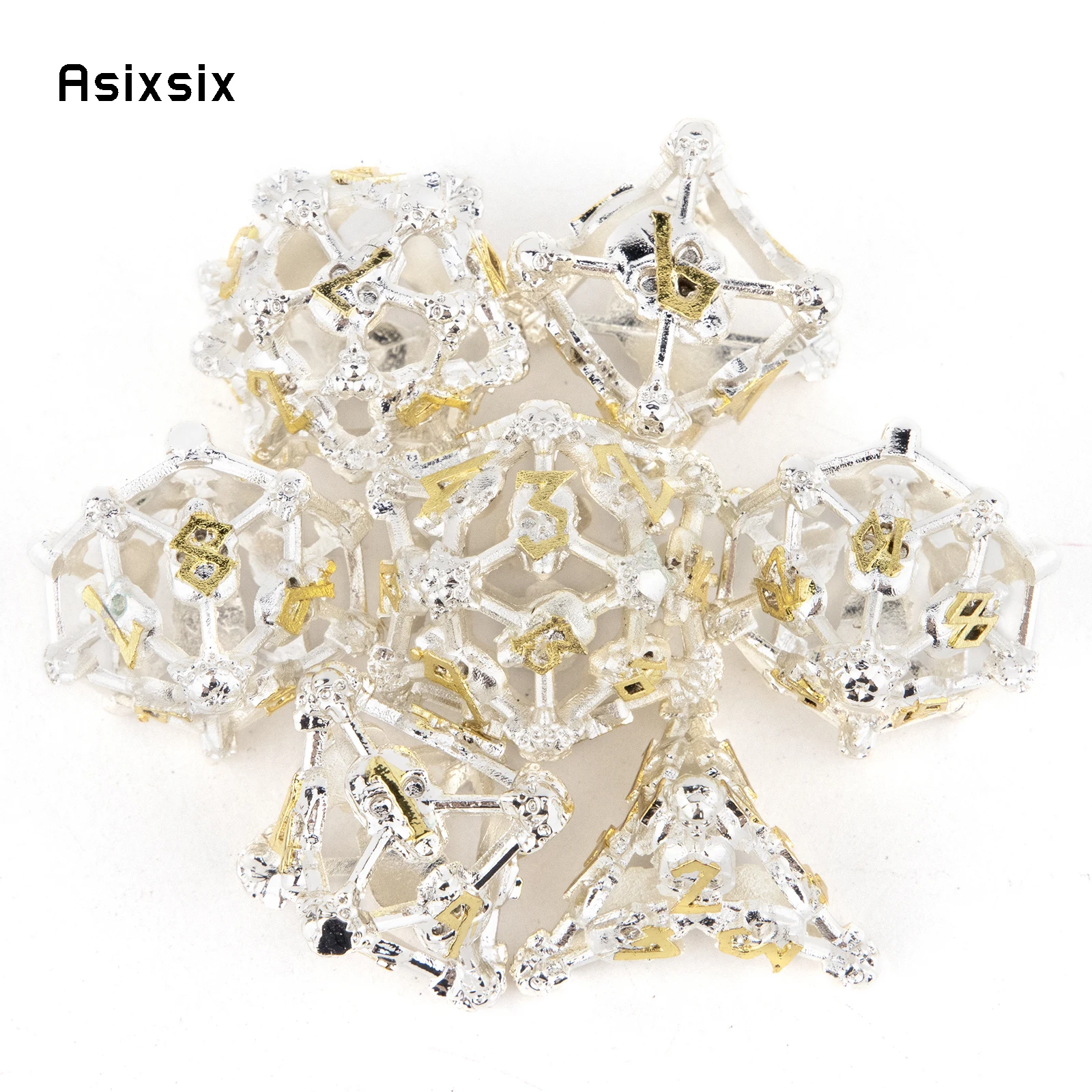 

7 Pcs White Golden Skull Head Metal Dice Hollow Metal Polyhedral Dice Set Suitable for Role-Playing RPG Board Game Card Game