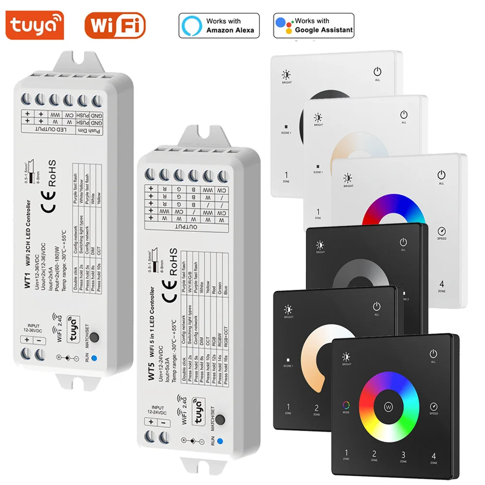 Tuya Wifi LED Dimmer DC12V 24V CCT/RGB/RGBW/RGBCCT LED Controller 2.4G RF 4 โซนแผงกระจก Dimming Smart Life สําหรับ Alexa 1