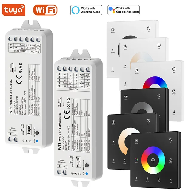 Tuya Wifi LED Dimmer DC12V 24V CCT/RGB/RGBW/RGBCCT LED Controller 2.4G RF 4 โซนแผงกระจก Dimming Smart Life สําหรับ Alexa 1
