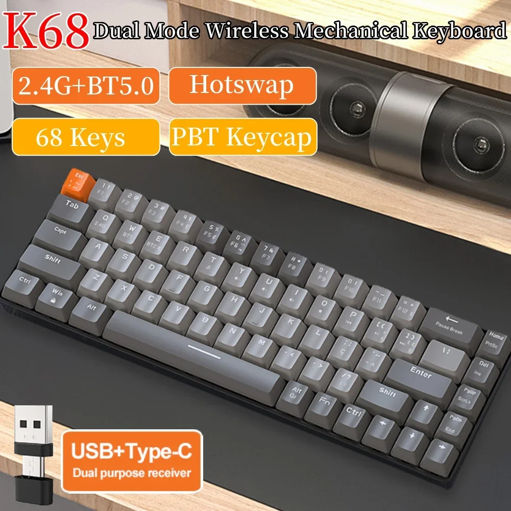 

K68 68 Key 2.4G/BT5.0 Wireless Gaming Mechanical Keyboard Hotswap Mini Gaming Keyboards USB+Type-C Keyboard