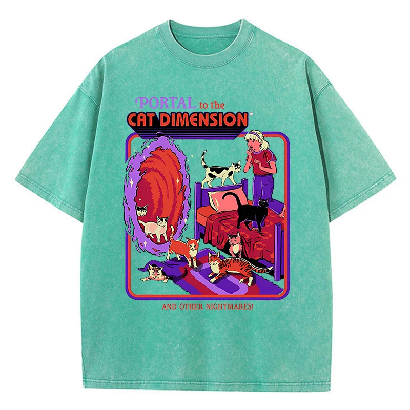 Portal To The Cat Dimension Washed Retro Men Clothes Fashion Summer T-Shirts Streetwear Cotton Loose Tops Breathable Tee Couple