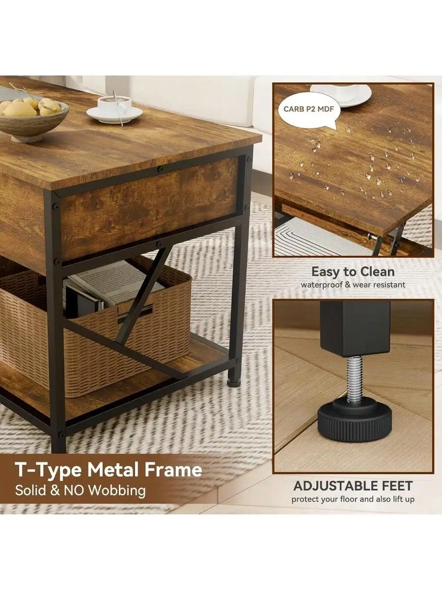 47.2 inches Lift Top Coffee Table for Living Room Rectangular Wooden Coffee Table with Large Hidden Storage and 4 Open C 6