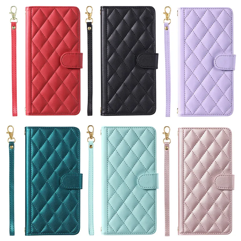 Luxus Kariert Lieder Telefonshülle fir Samsung Galaxy A06 A05 A05S A04 A04S A14 A24 A34 A54 Kaarteslot Lanyard Flip Portemonnaie Cover_voghion.com