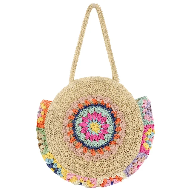 Ethnic Round Paper Woven Tote - Large Capacity Fashion Travel Shoulder Bag