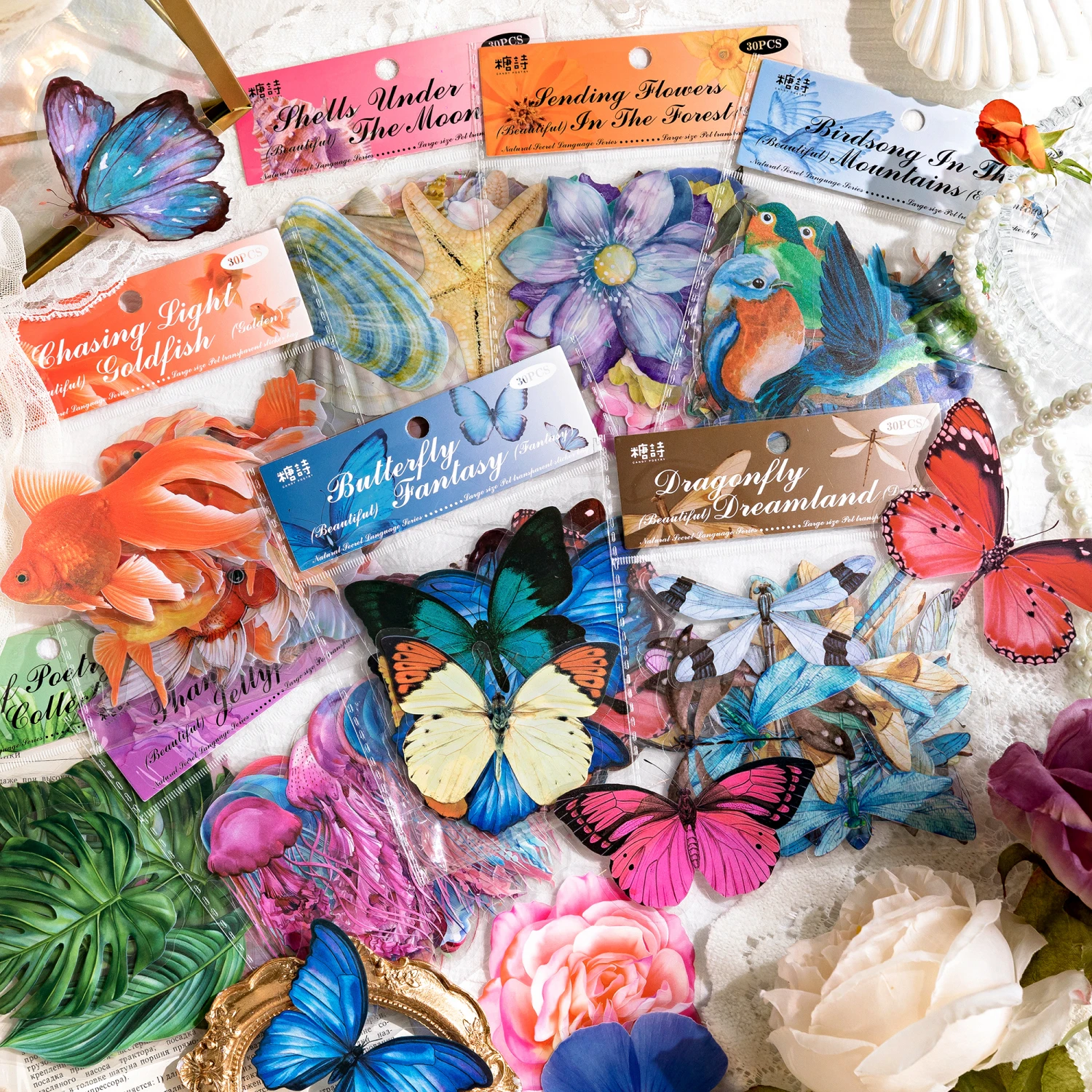 

30pcs Flowers Birds Plants Marine Animals Butterflies Dragonflies Stickers Cute Decor Collage Junk Journal Scrapbooking Supplies