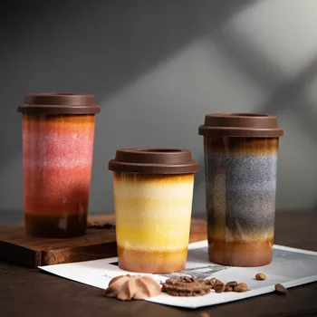 Kiln 세라믹 커피 컵 그라디언트 물컵, 실리콘 커버, 휴대용 커피 컵, 크리에이티브 사무실 홈 레트로 세라믹 컵