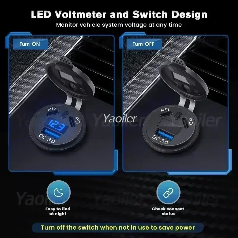 3 Ports USB Car Charger Socket Dual 45W PD Type C & 18W QC 3.0 with Voltmeter Switch for 12V/24V Car Boat ATV Bus RV Motorcycle